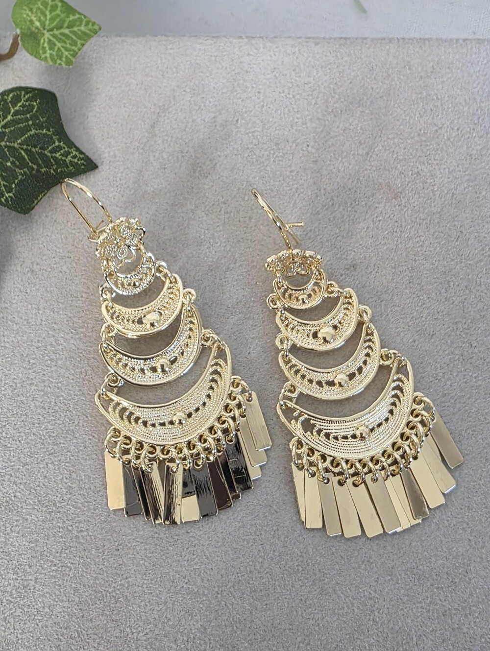 Gold Filled Tiered Crescent Filigree Chandelier Dangle Earrings Fringe Statement